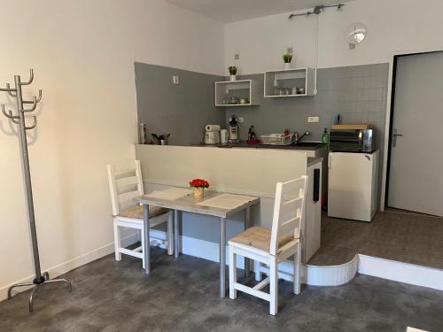 Il comprend une petite cuisine équipée d'une table, de chaises et d'un réfrigérateur. dans l'établissement Studio indépendant dans maison de ville, au calme, à Marseille