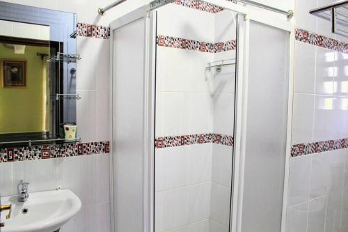 W łazience znajduje się prysznic i umywalka. w obiekcie The Tea Cottage w mieście Karatina