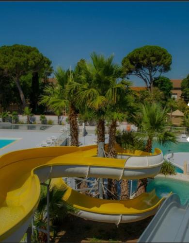 un complexe avec une piscine bordée de palmiers et un toboggan dans l'établissement Mobil home Bleu Terra - Clim - Famille, à Agde