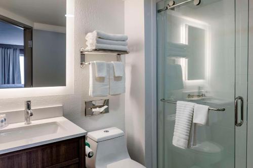 a bathroom with a shower and a toilet and a sink at Comfort Inn Beckley in Beckley