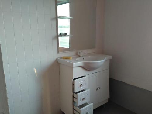 La salle de bains blanche est pourvue d'un lavabo et d'un miroir. dans l'établissement Maison familiale et authentique, à Vieux-Habitants