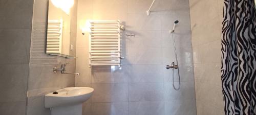 a bathroom with a shower and a toilet and a sink at Pokoje Gościnne Elżbieta Chylińska in Krynica Morska