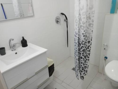 een witte badkamer met een wastafel en een douche bij Loft Tiberiade in Tiberias