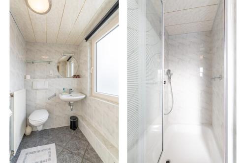 a bathroom with a shower and a sink and a toilet at B&B De Goede Tijd in Thorn