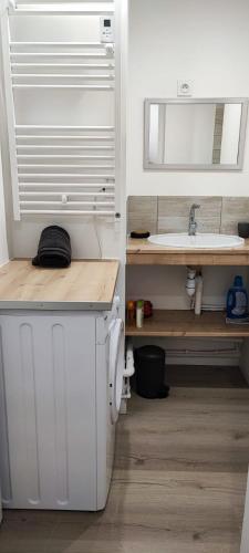 une salle de bain blanche avec un lavabo et un miroir dans l'établissement Sur les toits de Dieppe, à Dieppe