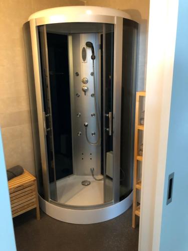 a shower in a bathroom with a glass door at À proximité de Strasbourg in Kilstett