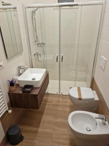 a bathroom with a toilet and a sink and a shower at B&B Tre Sorelle in Surbo