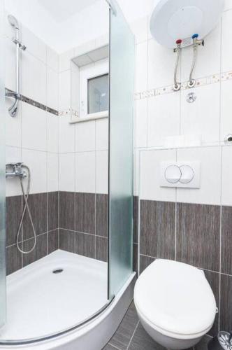 Un baño con inodoro y ducha de cristal. en Studio apartman Bačvice, en Split