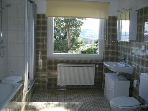 a bathroom with a sink toilet and a window at Apartment Seeblick Wetter in Wetter