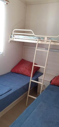 une chambre avec deux lits superposés et une échelle dans l'établissement Mobilhome emplacement 2, à Plougrescant