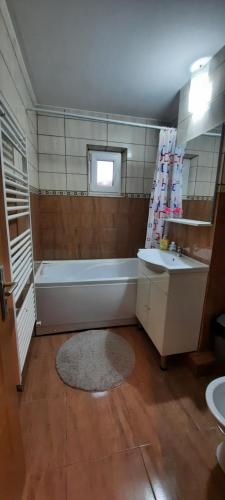 ein Badezimmer mit einer Badewanne, einem Waschbecken und einer Badewanne in der Unterkunft Skirdohome in Roman