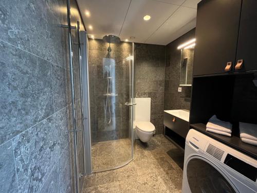 uma casa de banho com um chuveiro, um WC e um lavatório. em ÅhusBrygga Apartment Hotel em Åhus