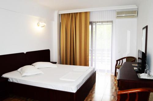Dormitorio con cama, escritorio y TV en Puflene Resort, en Murighiol