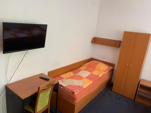 a small room with a bed and a desk and a tv at Hotel Rabbit in Trhový Štěpánov