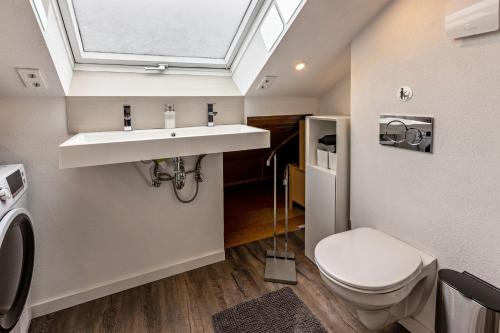 een badkamer met een wastafel en een toilet met een dakraam bij Dück in Stühlingen
