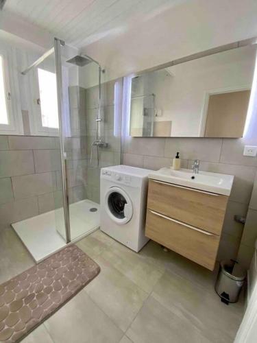 une salle de bain avec une machine à laver et un lavabo dans l'établissement Appartement proche des remparts - Avignon, à Avignon