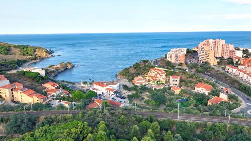 une ville sur une colline à côté de l'océan dans l'établissement Appartement lumineux entre plage et montagne, à Banyuls-sur-Mer