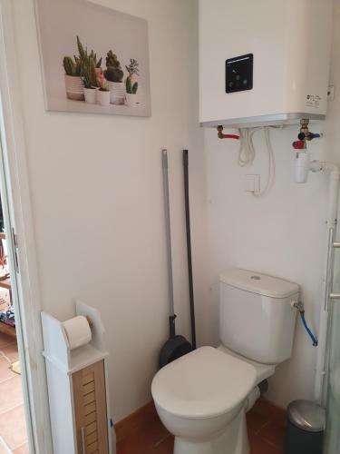 a bathroom with a toilet and plants on the wall at Studio Diadéma Armor in Plérin