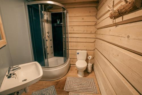 a bathroom with a toilet and a sink and a tub at Kotkapesa 