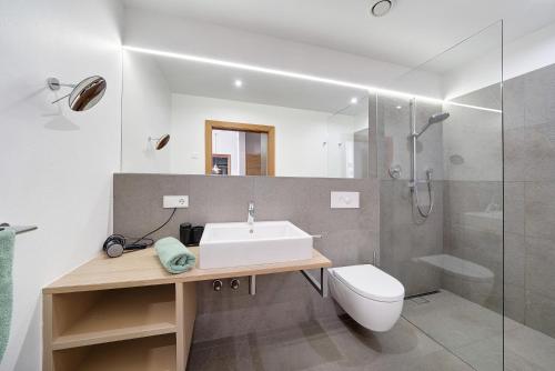 uma casa de banho com um lavatório, um WC e um chuveiro em Dahoam - Gardensuite R em Scena