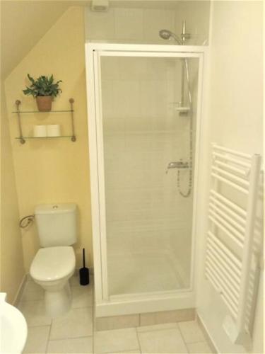 une salle de bain blanche avec toilettes et douche dans l'établissement Le 5A, à Troyes