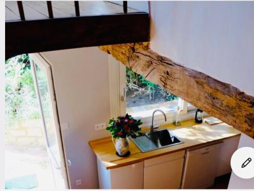 eine Küche mit einem Waschbecken und einer Theke mit einem Fenster in der Unterkunft Maison centre historique Le Préau saint Jacques in Castres