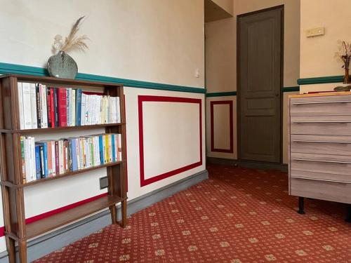 Pokój z dwoma półkami na książki z książkami w obiekcie La Mascotte des thermes de Montbrun les bains w mieście Montbrun-les-Bains