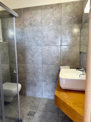 a bathroom with a sink and a toilet at Nautica Hotel Apartments in Stavromenos
