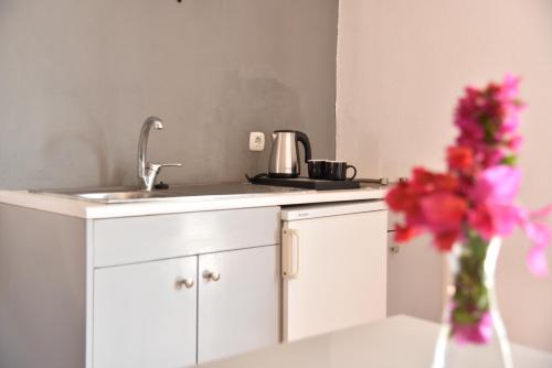 a kitchen with a sink and a vase of flowers at Boutique Hotel Tilos Mare in Livadia