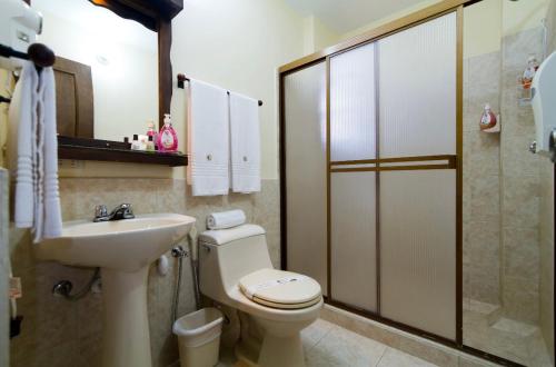 La salle de bains est pourvue de toilettes, d'un lavabo et d'une douche. dans l'établissement Hostal San Francisco, à San Cristóbal