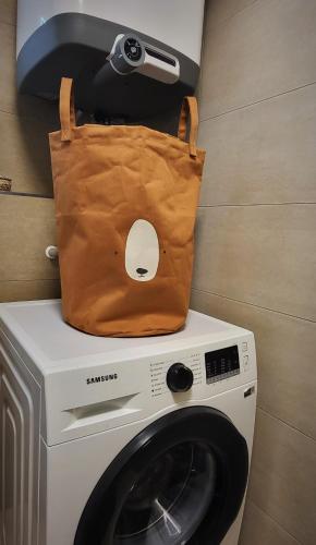 a bag sitting on top of a washing machine at Loft Rezidence Vista in Rokytnice nad Jizerou