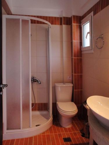 a bathroom with a shower and a toilet and a sink at Dafni studios no4 in Parga