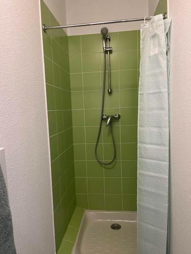 La salle de bains est pourvue d'une douche et d'un mur en carrelage vert. dans l'établissement Studio Lyon 6e proche metro et parc, à Lyon