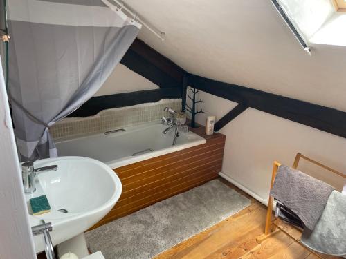 Chambres d'Hôtes de la forge في Oradour-Saint-Genest: حمام مع حوض استحمام ومغسلة