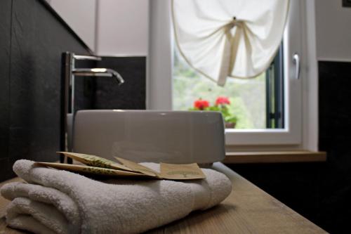 a bathroom counter with a towel and a sink at Agriturismo Quinta Essenza in Casoni Zanolla