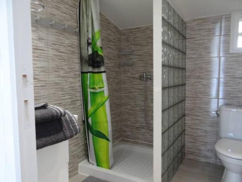 W łazience znajduje się toaleta oraz prysznic z zieloną rurką. w obiekcie Chalet Canne à Sucre w mieście Saint-André