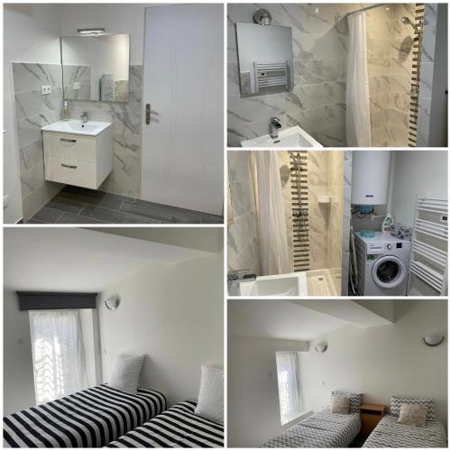 un collage de photos d'une salle de bains avec lavabo et toilettes dans l'établissement Maison de village, à Lasbordes
