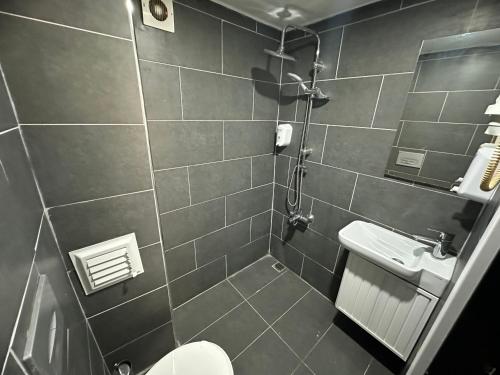 La salle de bains est pourvue de toilettes et d'un lavabo. dans l'établissement İMZA SUİTE, à Istanbul