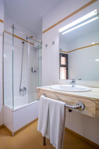a bathroom with a sink and a shower and a mirror at YIT Conquista de Toledo in Toledo