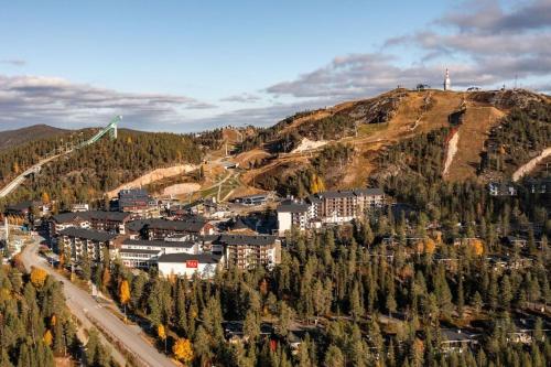 a town on the side of a hill with trees at Ruka Chalet Front Base in Ruka