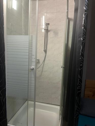 a shower with a glass door in a bathroom at Hipokratios 3 Zimmer mit Gemeinschaft WC in Fürth