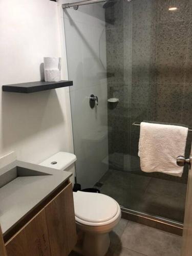 a bathroom with a toilet and a glass shower at precioso apartamento en el norte de armenia contiguo a SAO in Armenia