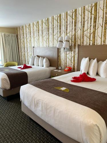 a hotel room with two beds with red bows on them at Bar Harbor Motel in Bar Harbor