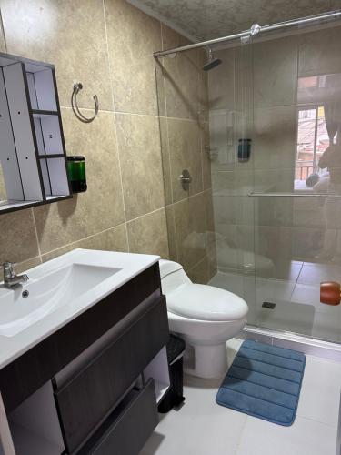 W łazience znajduje się umywalka, toaleta i prysznic. w obiekcie Apartamentos Quimbaya w mieście Quimbaya