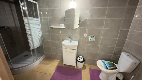 ウニエユフにあるAgroturystykaのバスルーム(トイレ、洗面台、シャワー付)