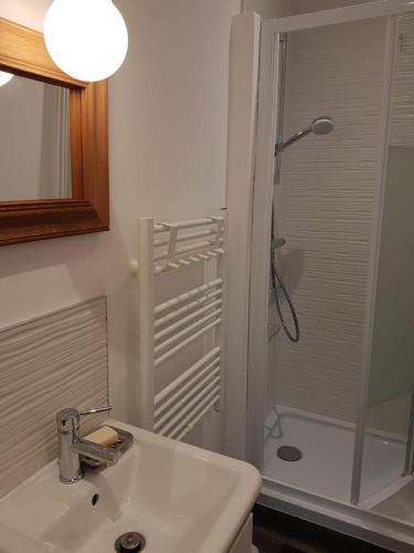 La salle de bains est pourvue d'un lavabo et d'une douche. dans l'établissement le bien être, à Berck-sur-Mer