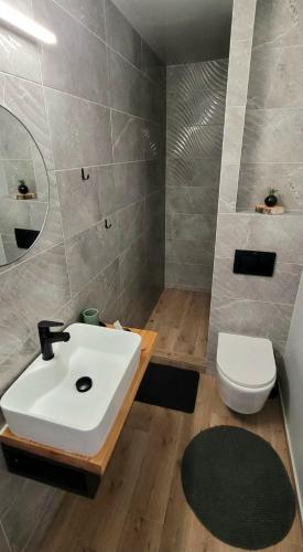 a bathroom with a white sink and a toilet at Studio 2-pokojowe z balkonem z widokiem na góry in Międzybrodzie Żywieckie