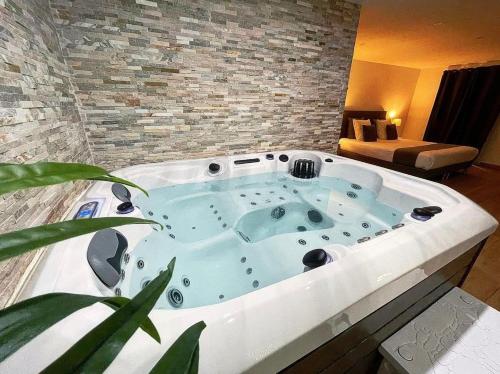 eine Whirlpool-Badewanne im Wohnzimmer mit Pflanze in der Unterkunft Honey Spa in Vitrolles