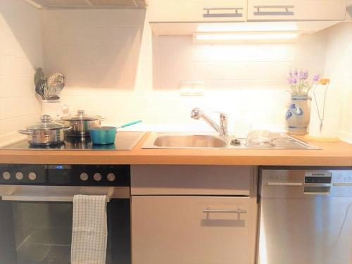 a kitchen with a sink and a counter top at Bungalow direkt am See, mit eigenem Boot in Roding
