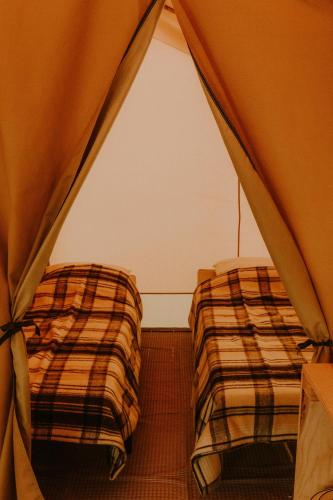 une chambre avec deux lits dans une tente dans l'établissement Camping Onlycamp Le Sabot, à Azay-le-Rideau